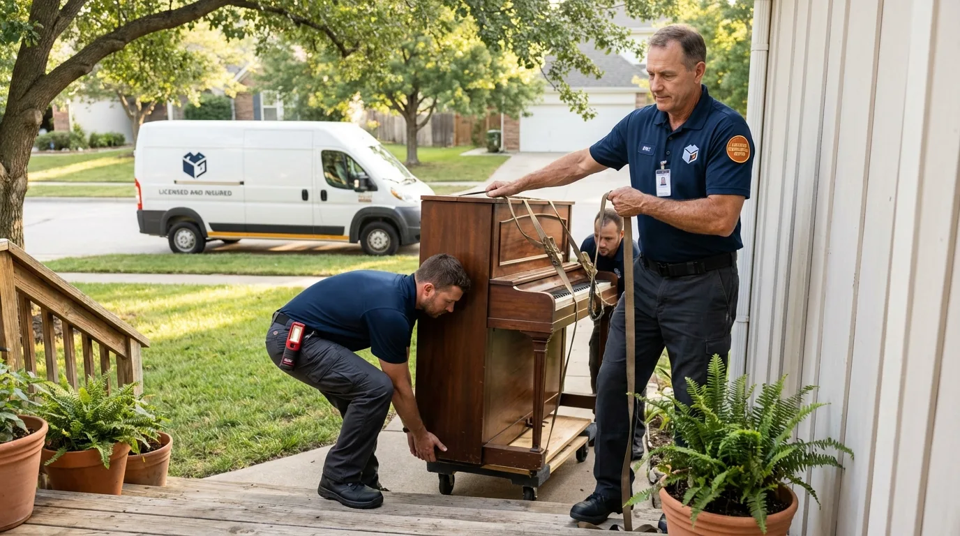 Licensed piano movers securing grand piano in Tubac, AZ