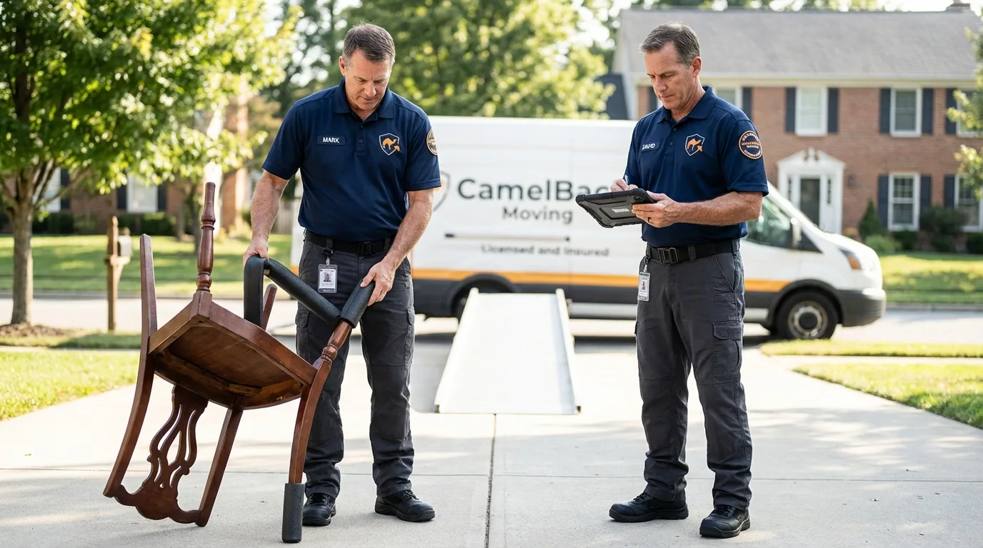 Movers inspecting furniture for damage prevention before loading in Tubac, AZ