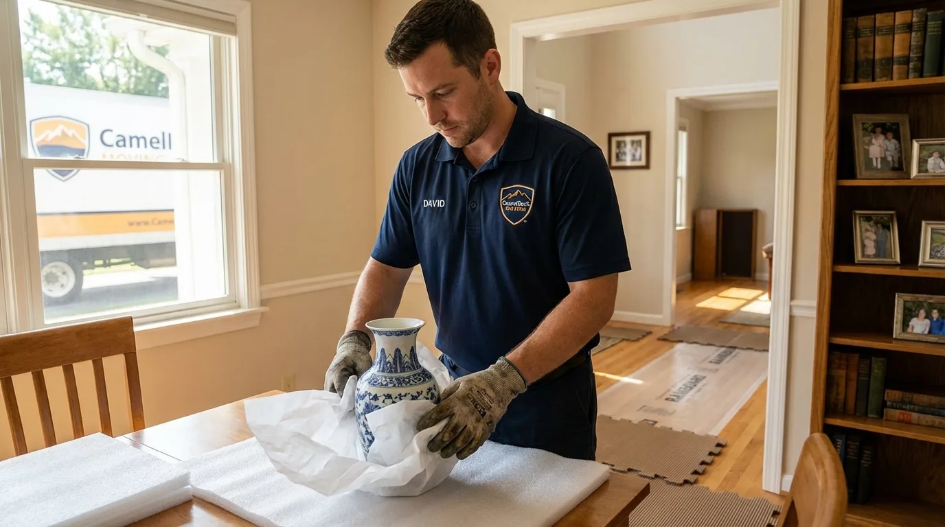 Professional crew carefully wrapping antique vase for senior downsizing move in Tubac, AZ
